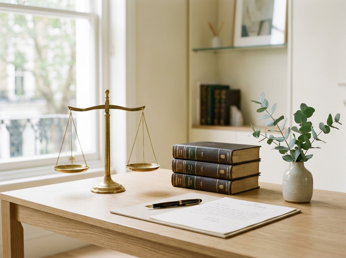 Detalhe do escritório: balança da justiça, livros jurídicos e caneta sobre a mesa